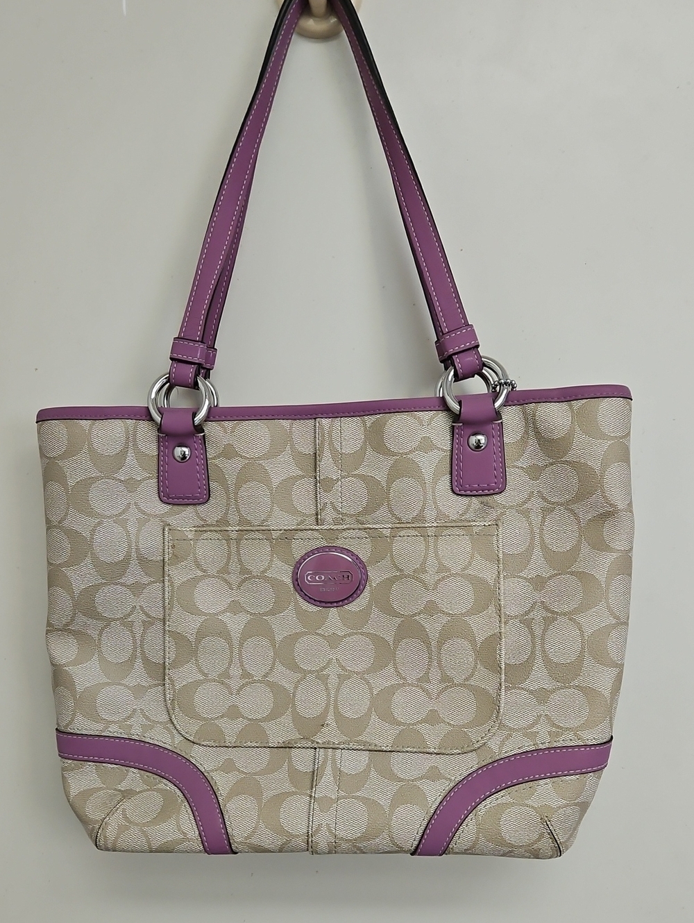 Coach Beige Signature Tote with Pink Trim